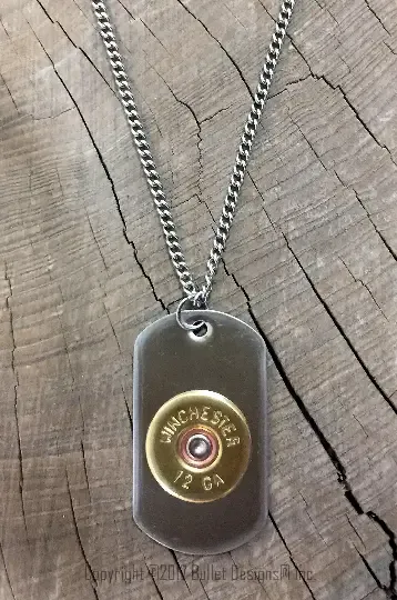 12 Gauge Shotgun Dog Tag Necklace, Stainless Steel Chain