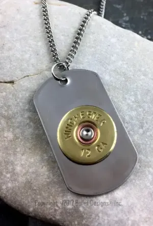 12 Gauge Shotgun Dog Tag Necklace, Stainless Steel Chain
