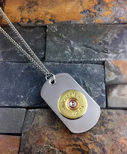 12 Gauge Shotgun Dog Tag Necklace, Stainless Steel Chain