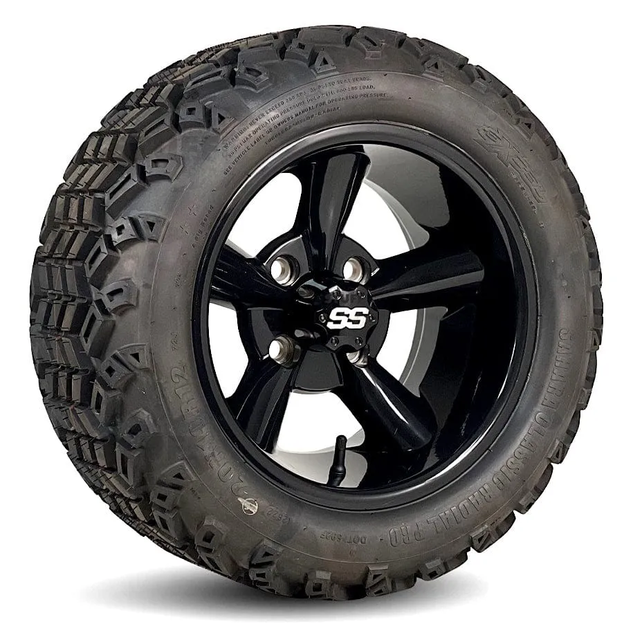 12" Godfather Gloss Black Golf Cart Wheels and All Terrain Tires Combo - Set of 4