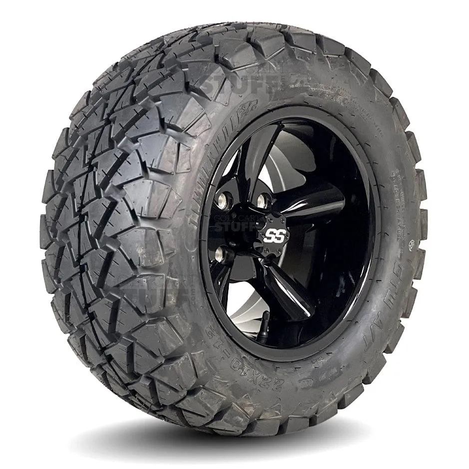 12" Godfather Gloss Black Golf Cart Wheels and All Terrain Tires Combo - Set of 4