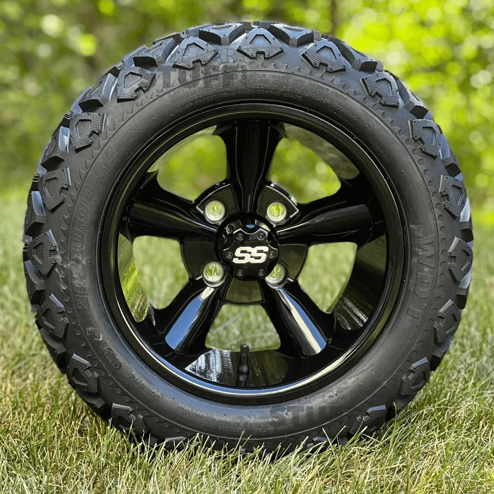12" Godfather Gloss Black Golf Cart Wheels and All Terrain Tires Combo - Set of 4
