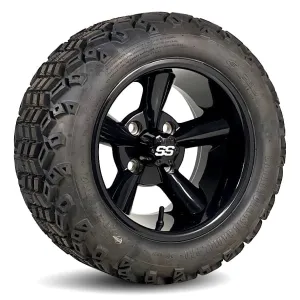 12" Godfather Gloss Black Golf Cart Wheels and All Terrain Tires Combo - Set of 4