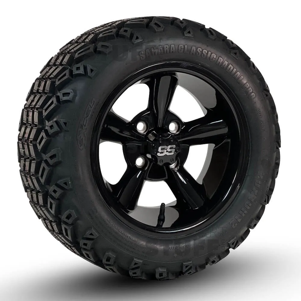 12" Godfather Gloss Black Golf Cart Wheels and All Terrain Tires Combo - Set of 4