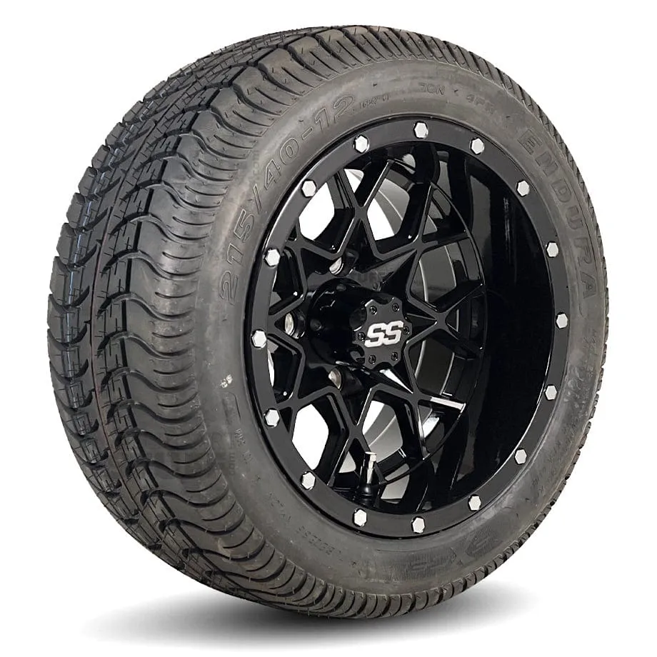 12" Matrix Gloss Black Golf Cart Wheels and DOT Approved Street Turf Tires Combo - Set of 4