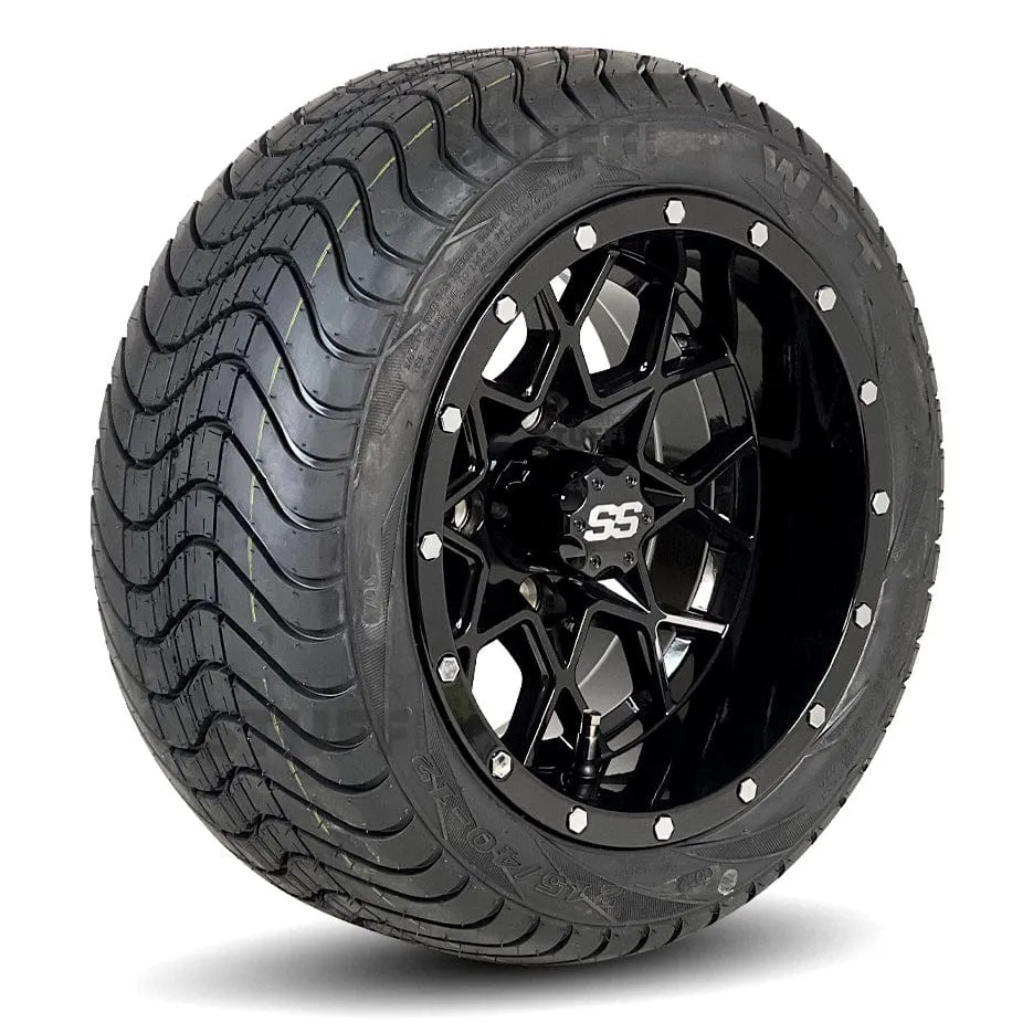 12" Matrix Gloss Black Golf Cart Wheels and DOT Approved Street Turf Tires Combo - Set of 4