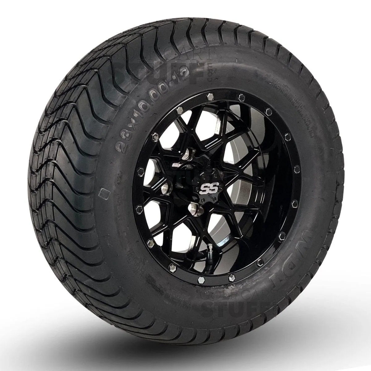 12" Matrix Gloss Black Golf Cart Wheels and DOT Approved Street Turf Tires Combo - Set of 4