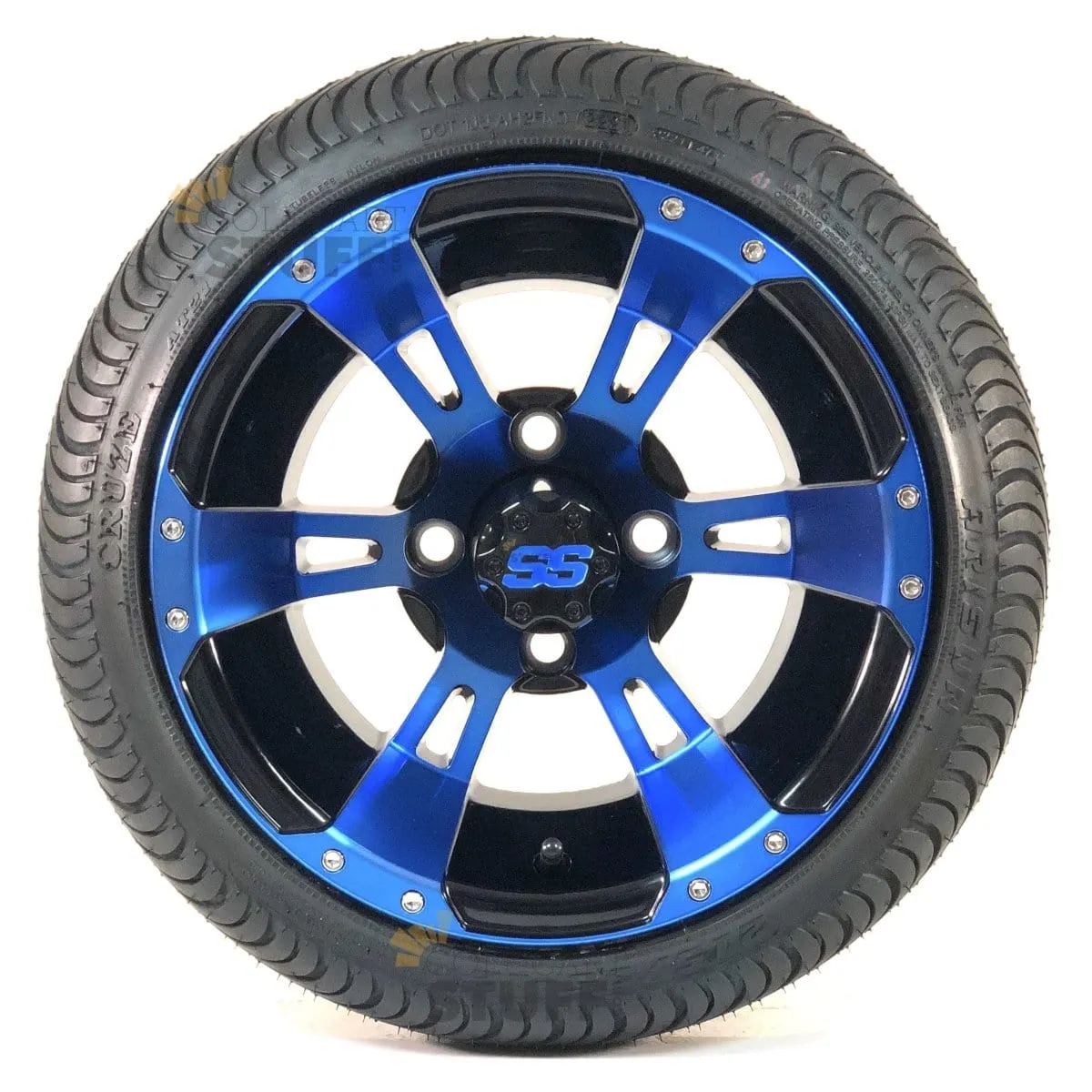 12" Stallion Black & Electric Blue Aluminum Golf Cart Wheels and Street/Turf DOT Approved Golf Cart Tires Combo - Set of 4 (18" or 20" tall)