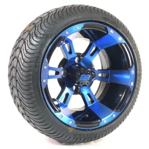 12" Stallion Black & Electric Blue Aluminum Golf Cart Wheels and Street/Turf DOT Approved Golf Cart Tires Combo - Set of 4 (18" or 20" tall)