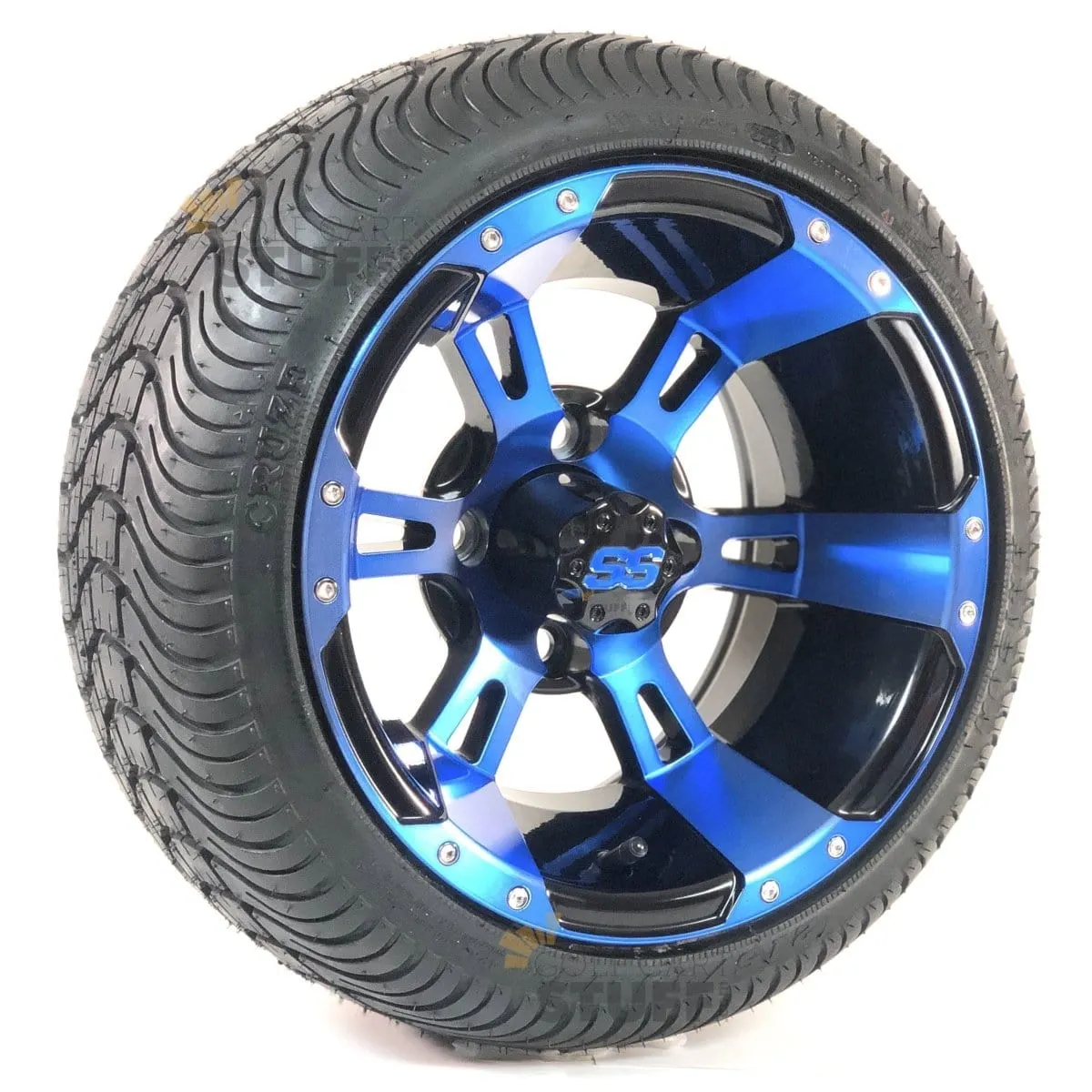 12" Stallion Black & Electric Blue Aluminum Golf Cart Wheels and Street/Turf DOT Approved Golf Cart Tires Combo - Set of 4 (18" or 20" tall)