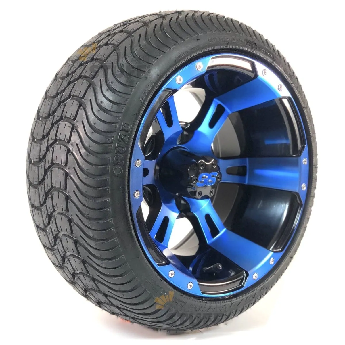 12" Stallion Black & Electric Blue Aluminum Golf Cart Wheels and Street/Turf DOT Approved Golf Cart Tires Combo - Set of 4 (18" or 20" tall)