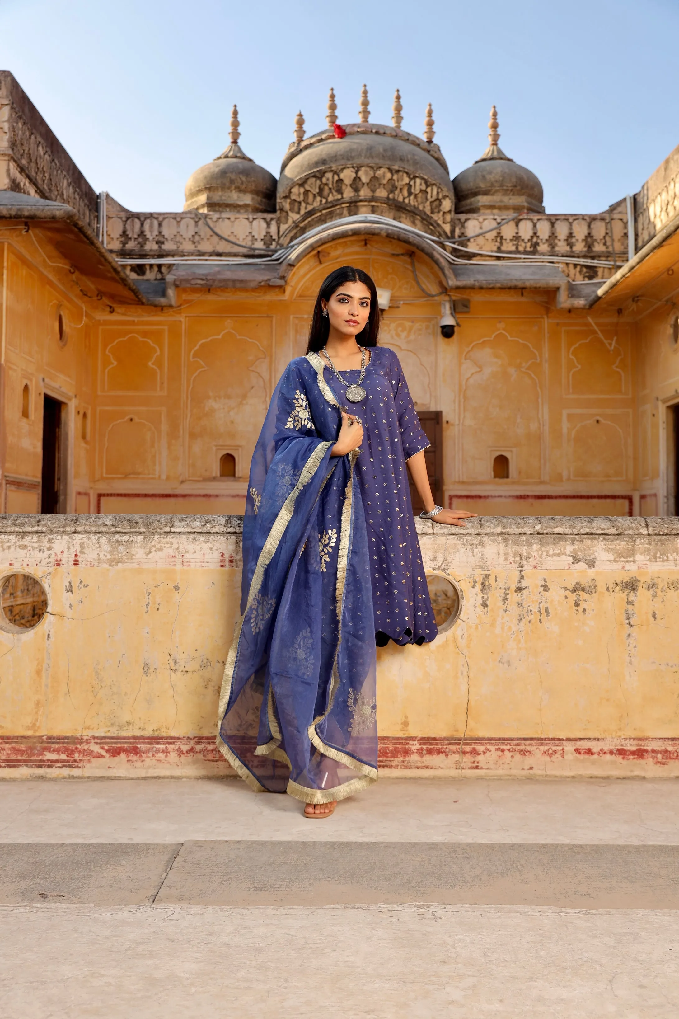 Blue Mukaish work chanderi scalloped kurta set