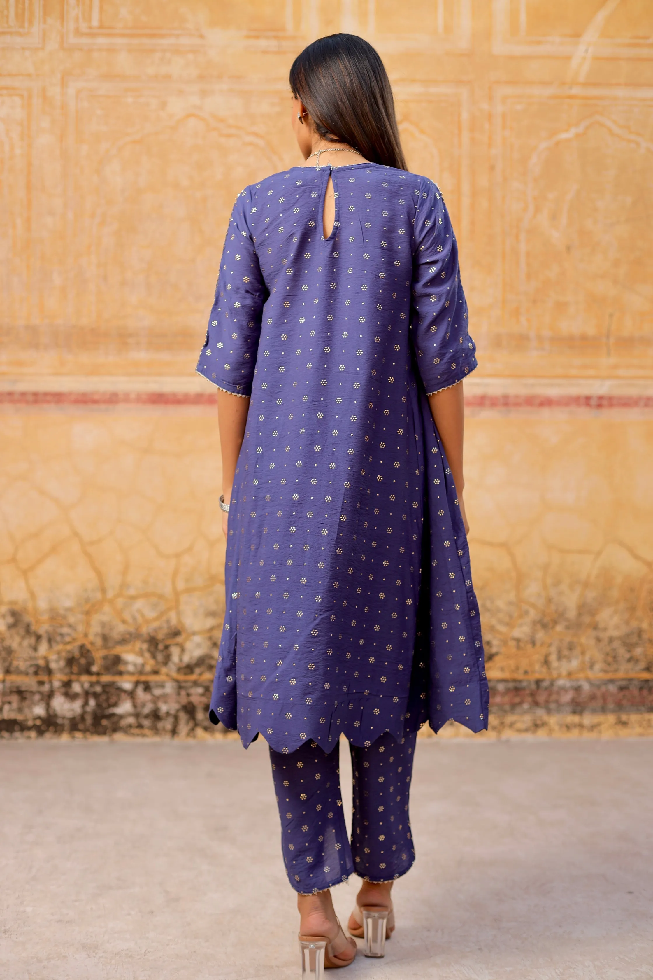 Blue Mukaish work chanderi scalloped kurta set