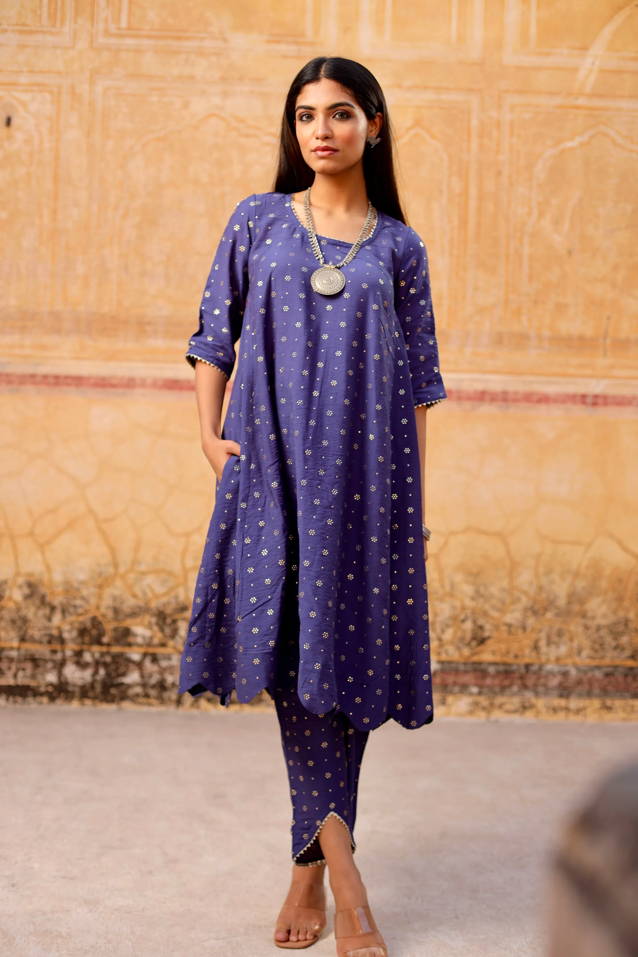 Blue Mukaish work chanderi scalloped kurta set