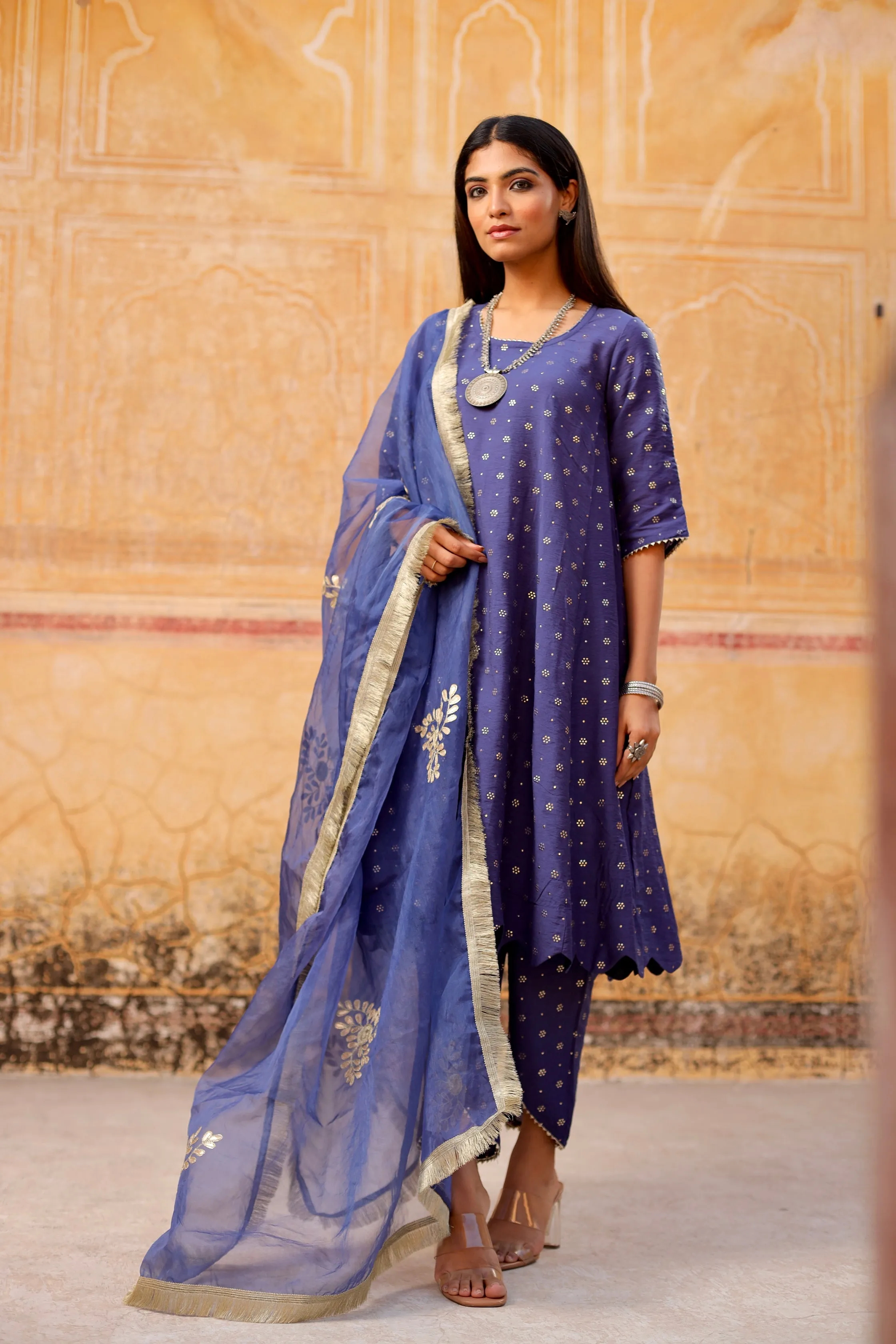 Blue Mukaish work chanderi scalloped kurta set