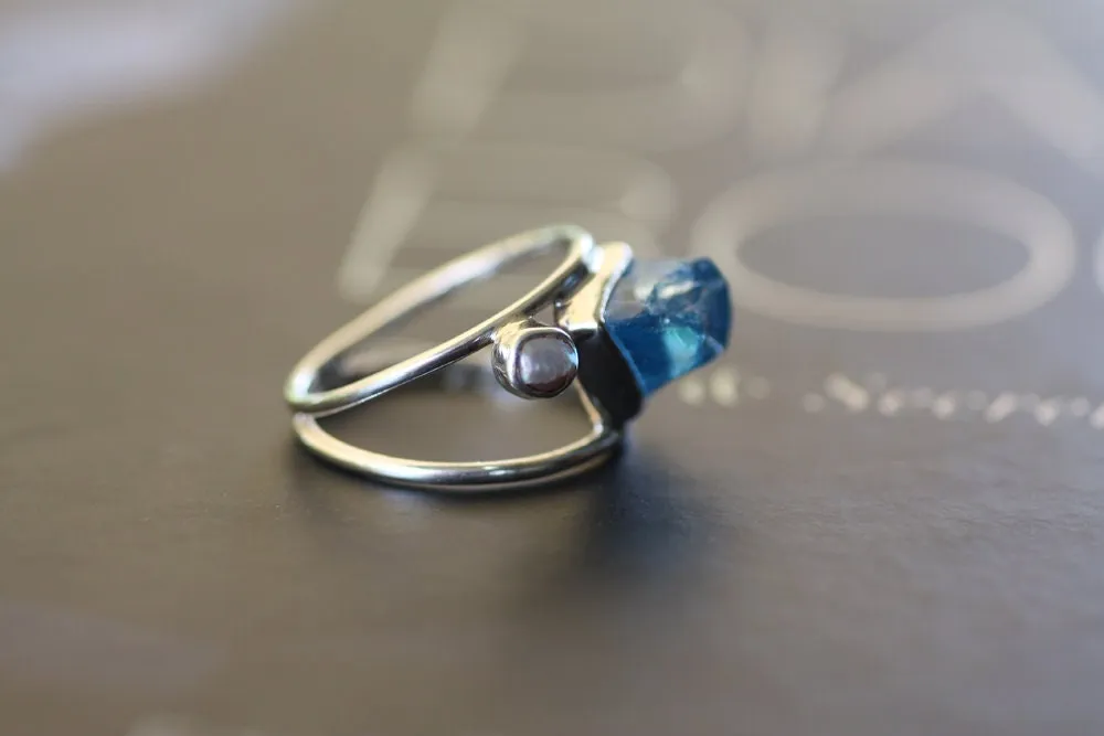 Blue Topaz Pearl handcrafted ring