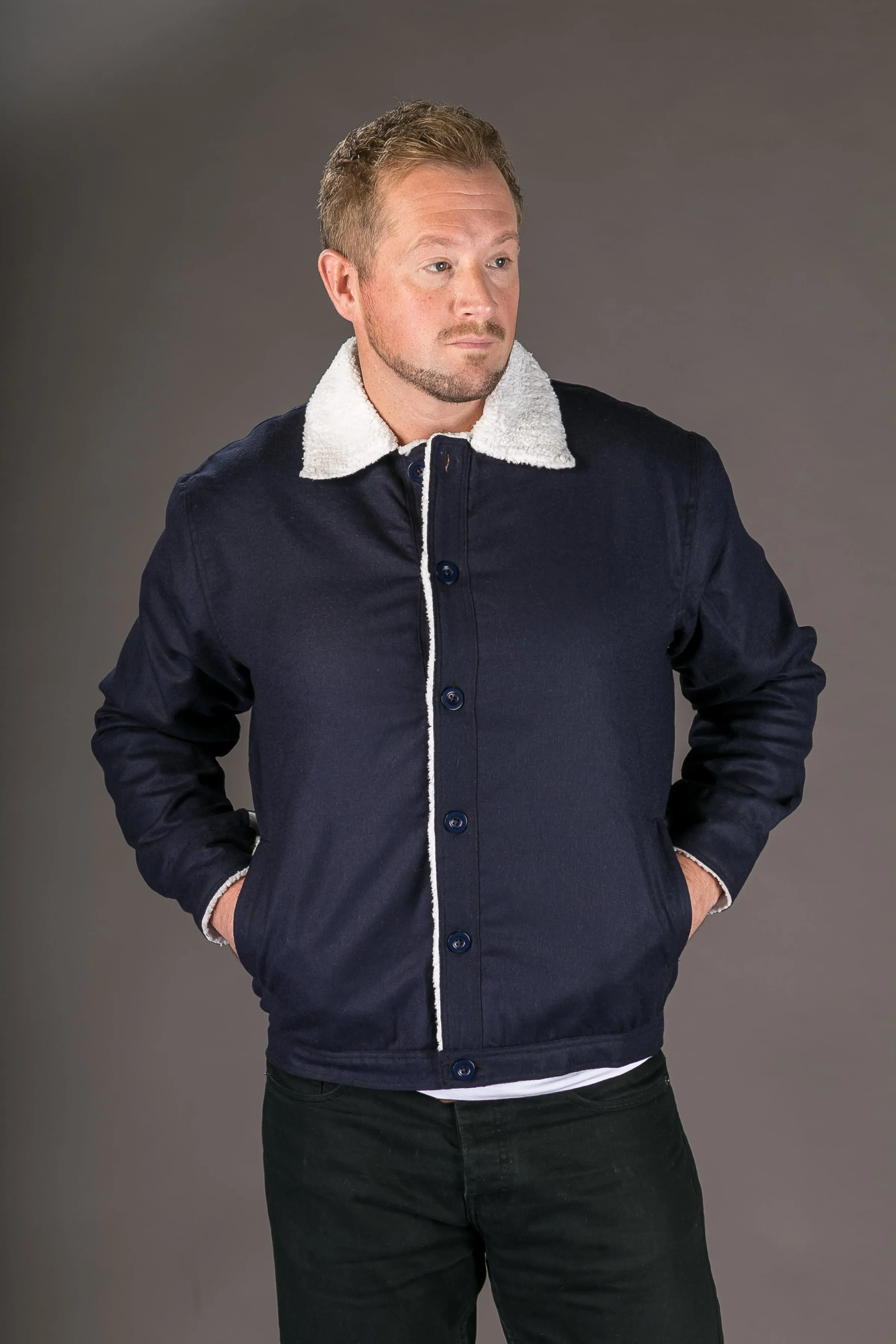 Blue Wool Mens Winter Jacket Shearling Lining