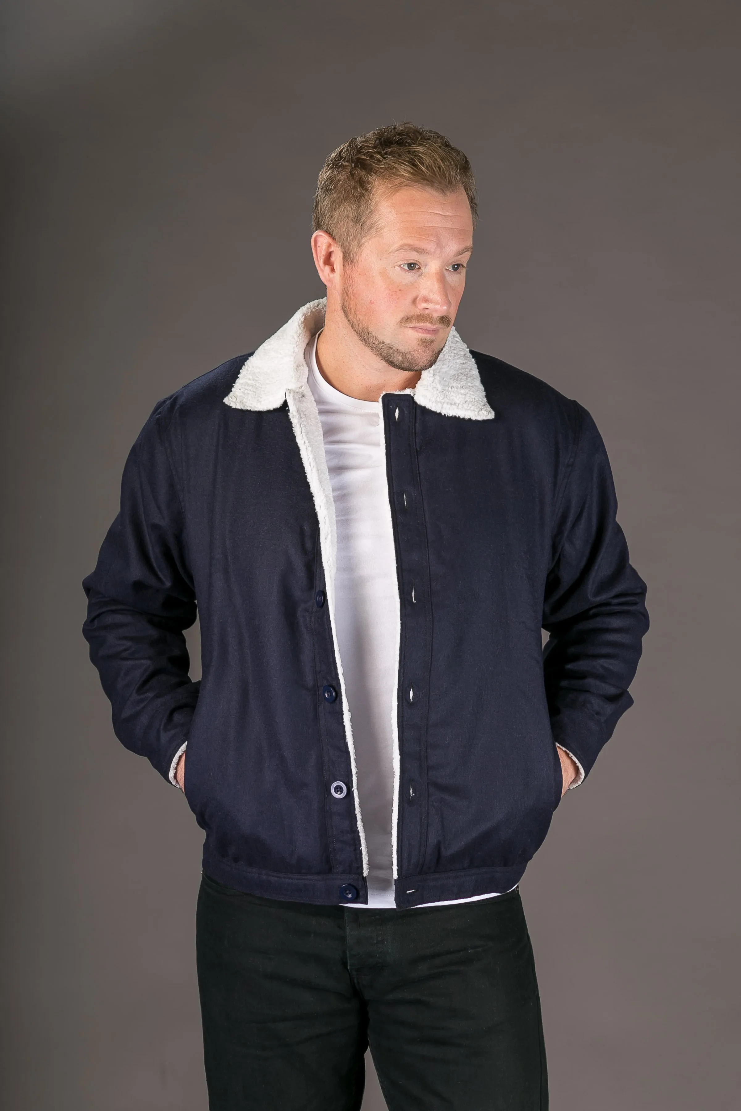 Blue Wool Mens Winter Jacket Shearling Lining