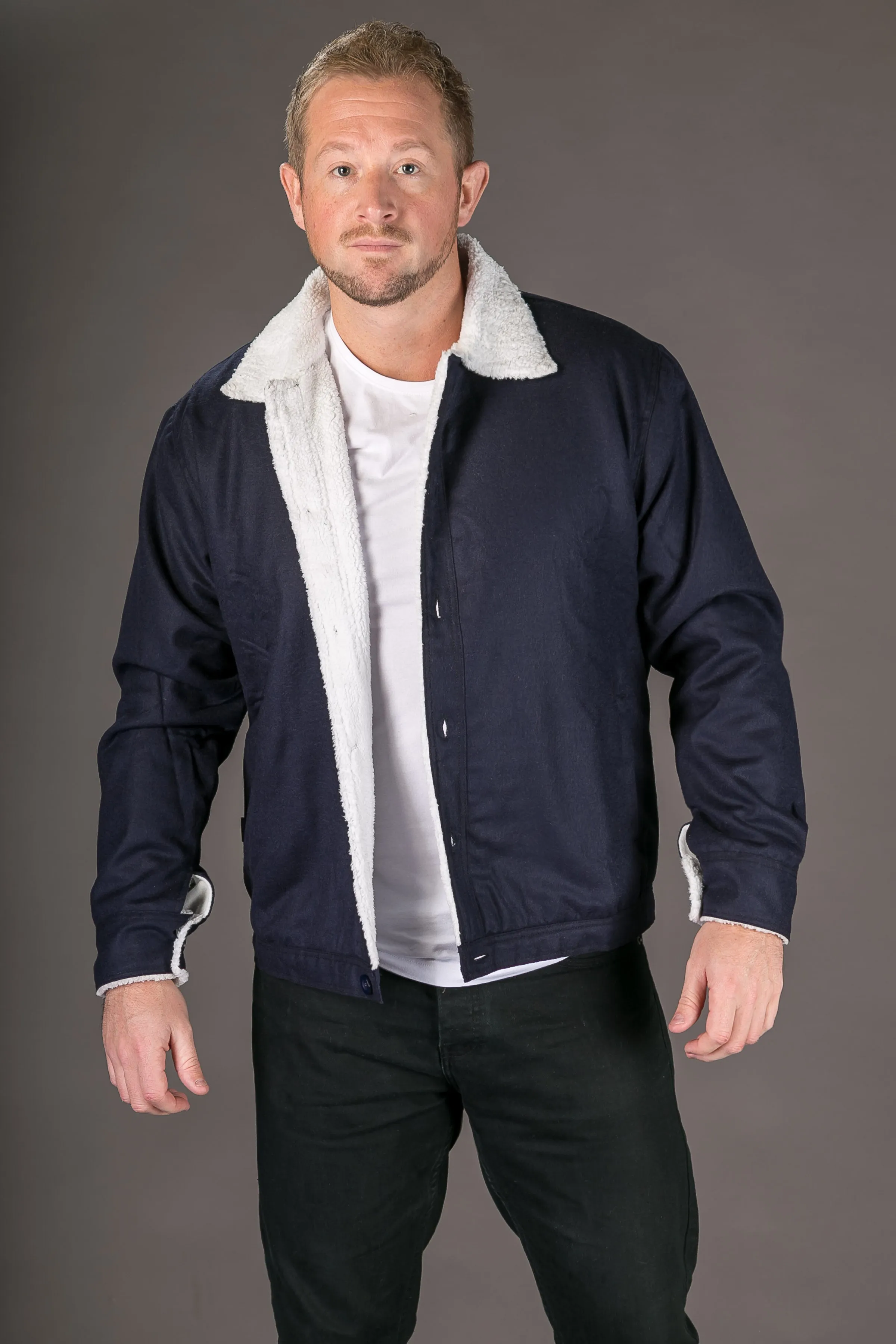Blue Wool Mens Winter Jacket Shearling Lining