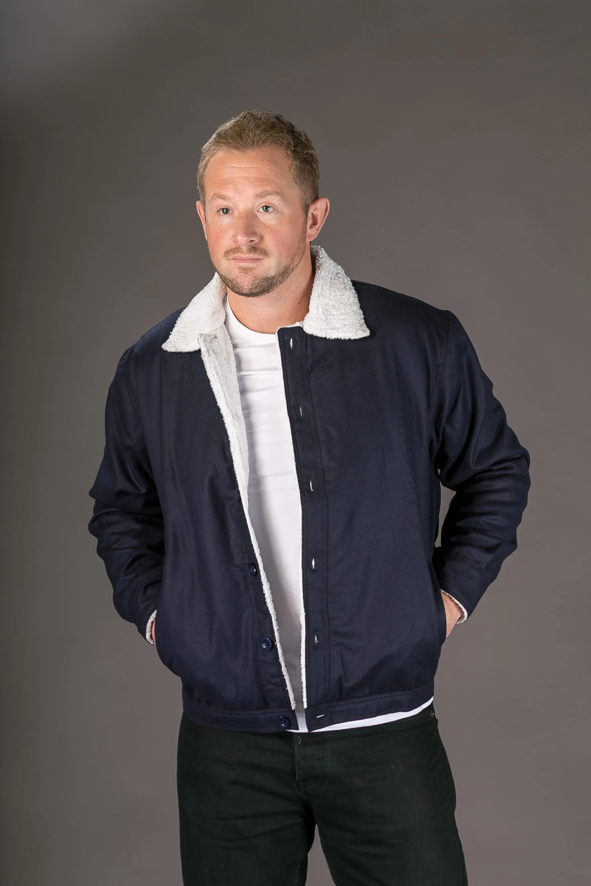Blue Wool Mens Winter Jacket Shearling Lining