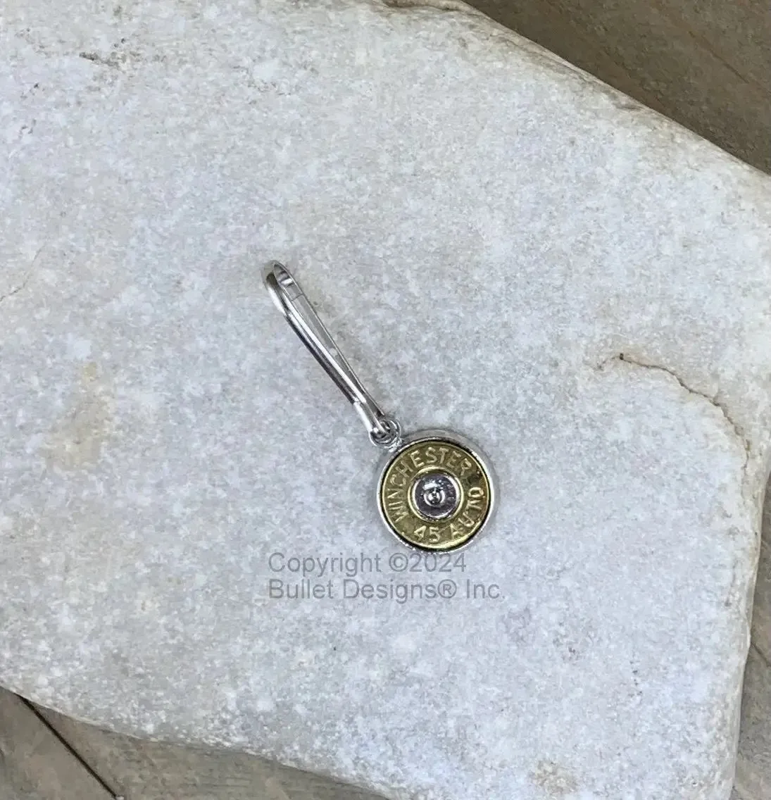 Bullet Zipper Pull, Nickel or Brass, 45 Auto(Shown in brass), Bullet Accessories, Recycled Bullet, Swarovski Crystal or No Crystal
