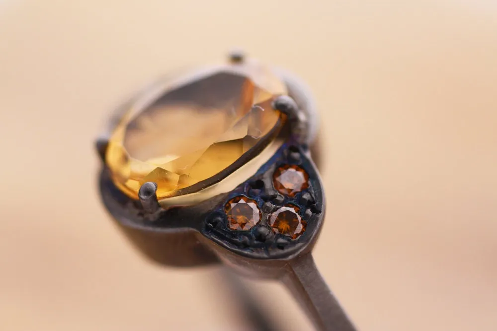 Citrine Cognac diamonds ring Handcrafted