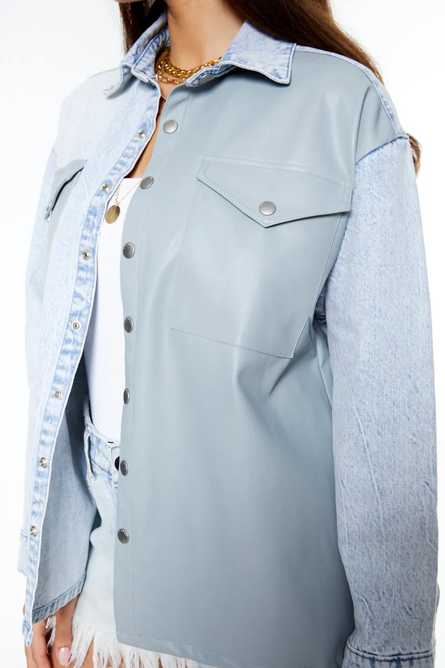 Denim Mix UNreal Leather Shacket in Maui & Dusty Blue
