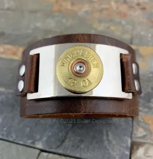 Distressed Leather 12 Gauge Shotgun Bracelet, Black or Brown, Cuff Bracelet, Winchester, Recycled, Bullet Jewelry, Boho, Unisex, WINCHESTER BCN
