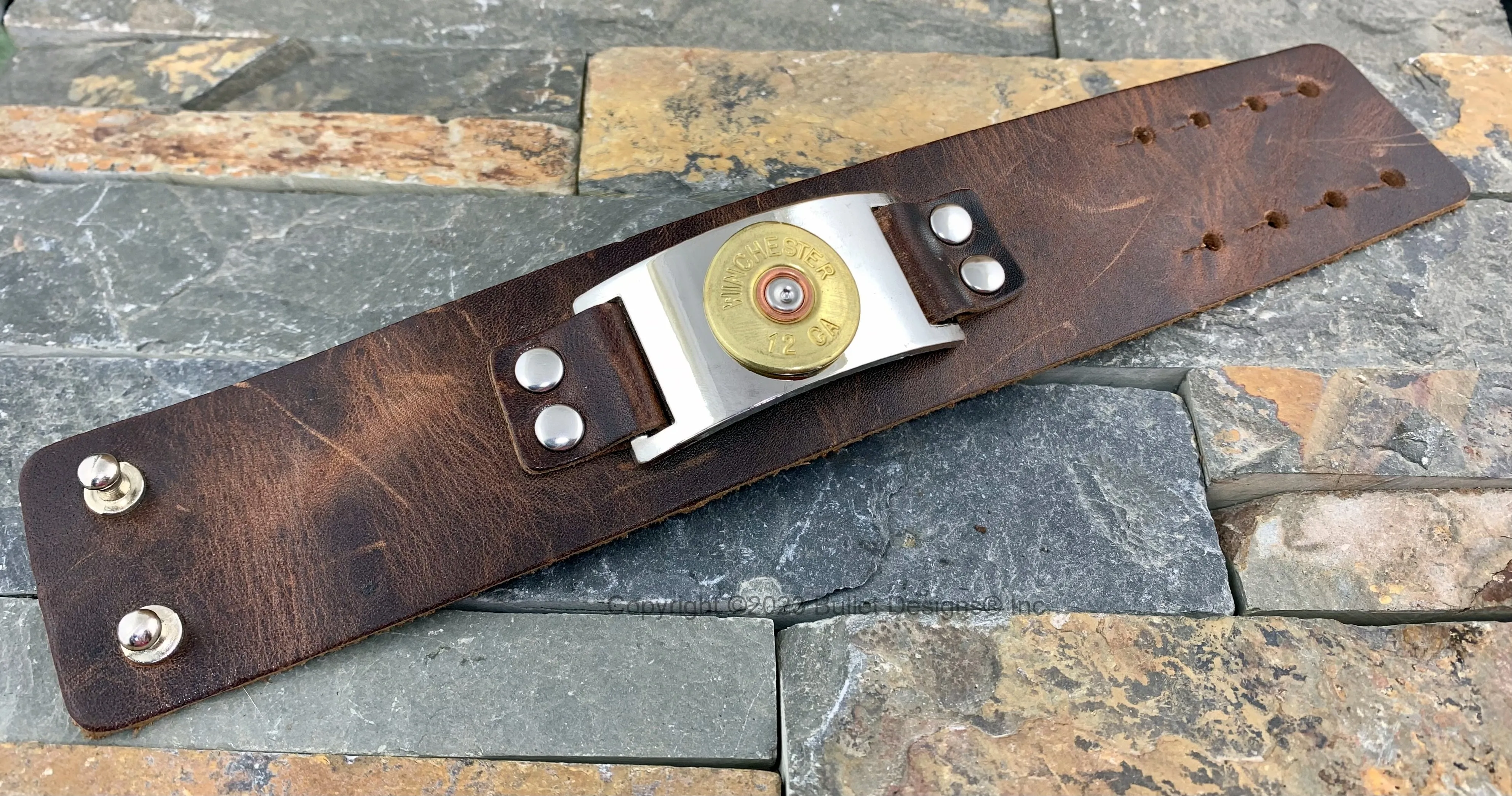 Distressed Leather 12 Gauge Shotgun Bracelet, Black or Brown, Cuff Bracelet, Winchester, Recycled, Bullet Jewelry, Boho, Unisex, WINCHESTER BCN