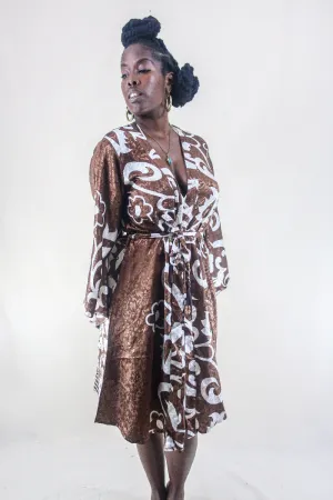 Gemini Kimono - Diamond White & Chocolate Brown Shimmer - Vintage Indian Sari - Size XL