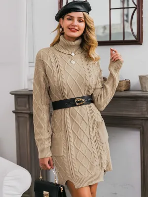 Glamaker Turtleneck Cutout Detail Cable Knit Jumper Dress Without Belt