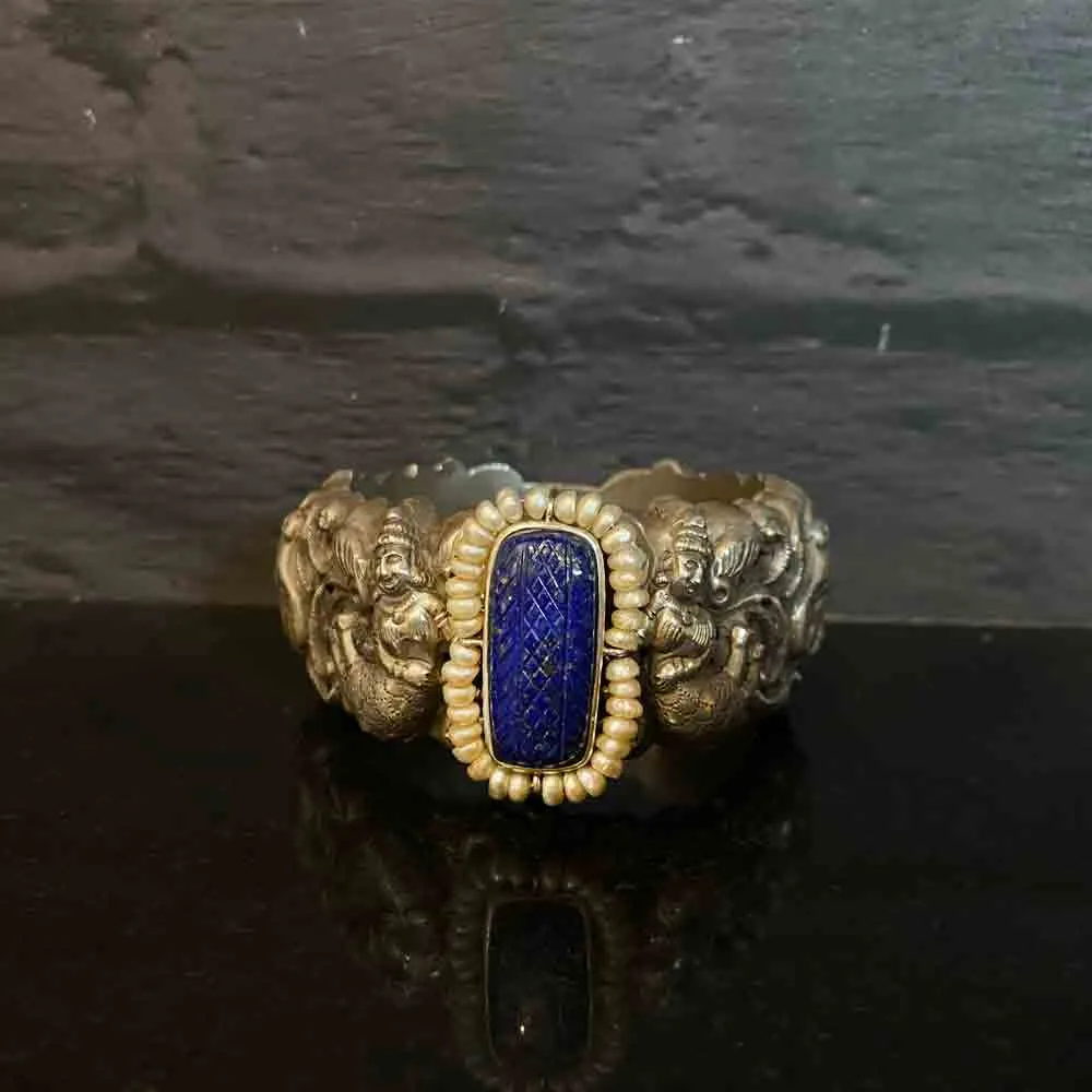 Intricate Silver Kada With Blue Stone