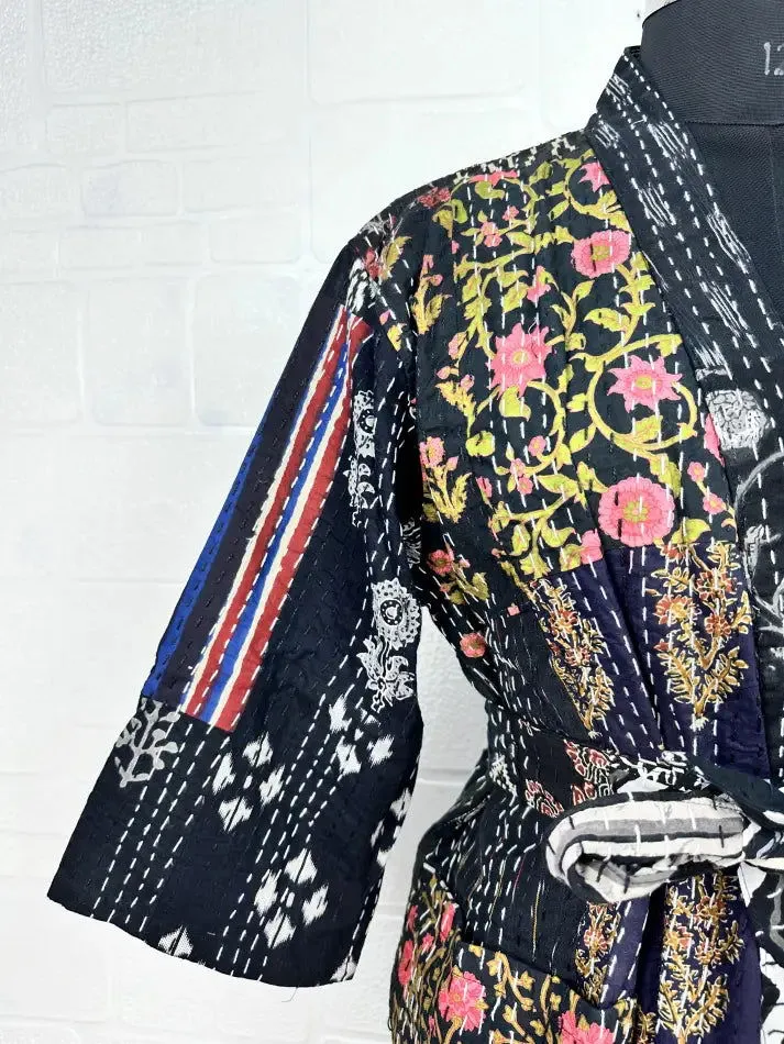 Kantha Pure Cotton Reversible Short Kimono Women Jacket Floral Print Black Pink