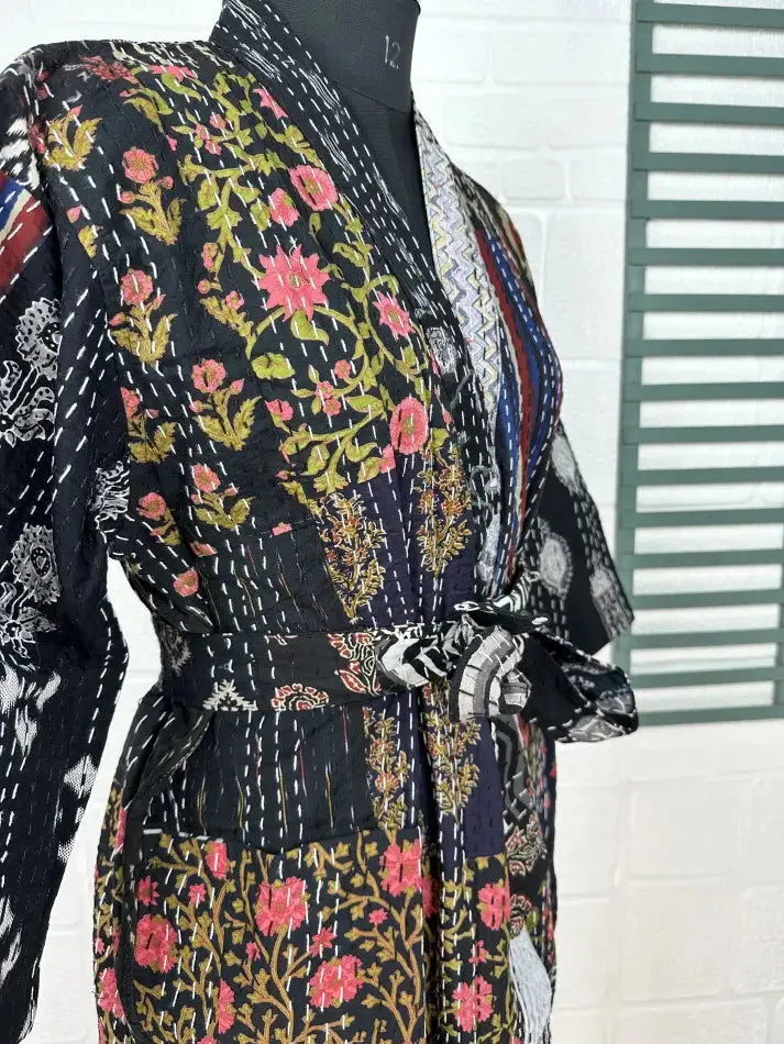 Kantha Pure Cotton Reversible Short Kimono Women Jacket Floral Print Black Pink