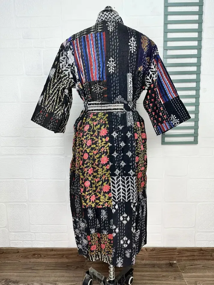 Kantha Pure Cotton Reversible Short Kimono Women Jacket Floral Print Black Pink