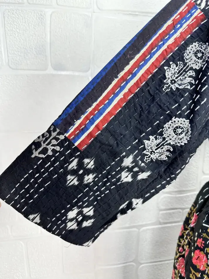 Kantha Pure Cotton Reversible Short Kimono Women Jacket Floral Print Black Pink