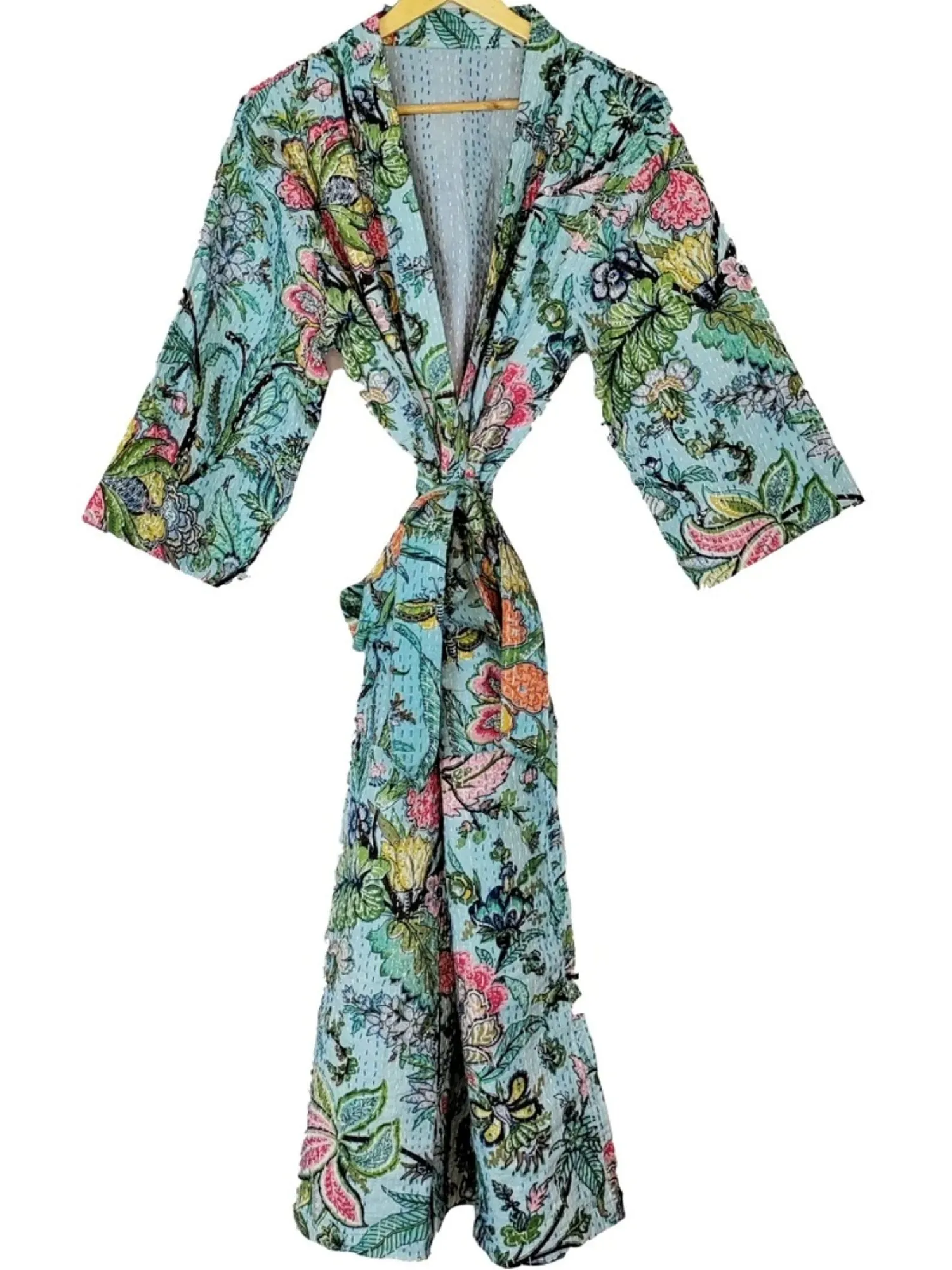 Kantha Stitch 100% Cotton Reversible Long Kimono Women Jacket | Handmade Men Robe | Unisex Gift | Beautiful Blue Turquoise Floral Gardenia