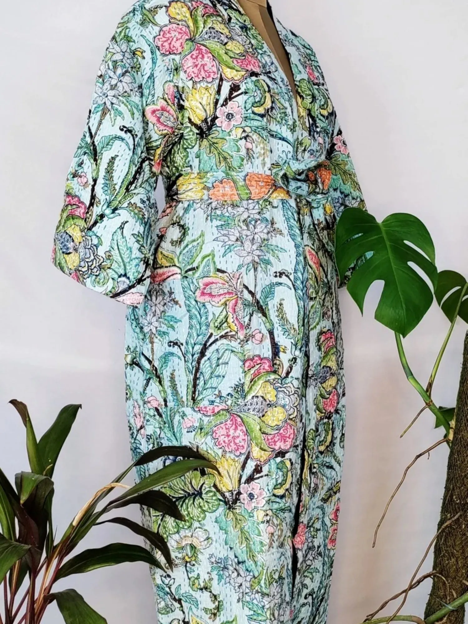 Kantha Stitch 100% Cotton Reversible Long Kimono Women Jacket | Handmade Men Robe | Unisex Gift | Beautiful Blue Turquoise Floral Gardenia