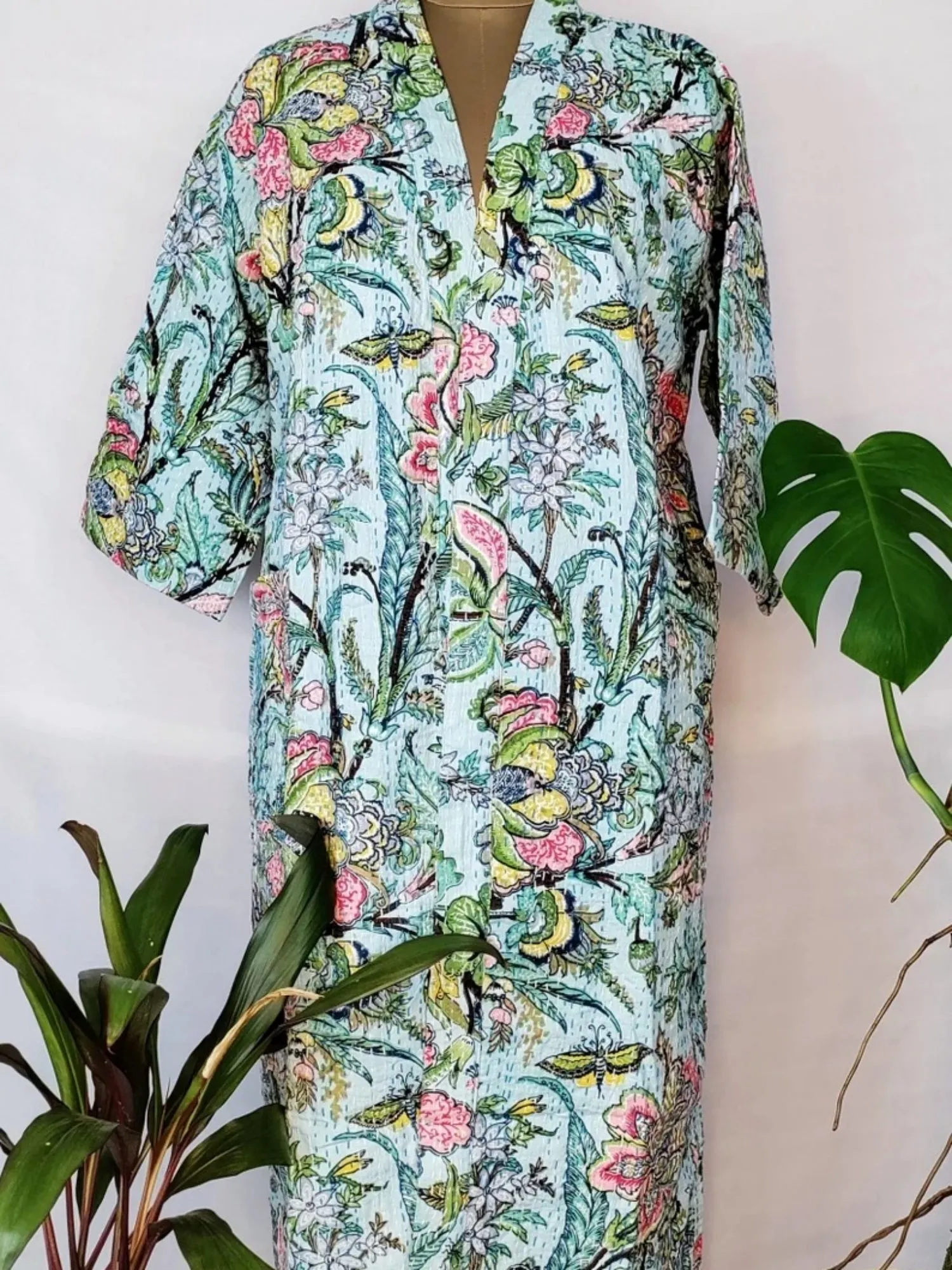 Kantha Stitch 100% Cotton Reversible Long Kimono Women Jacket | Handmade Men Robe | Unisex Gift | Beautiful Blue Turquoise Floral Gardenia