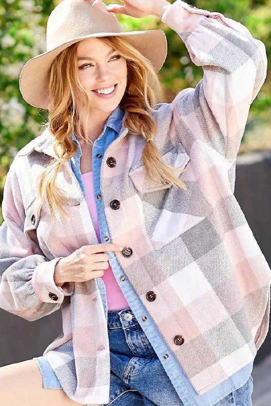 Lime N Chili Plaid Shacket Coat - Pink/Gray