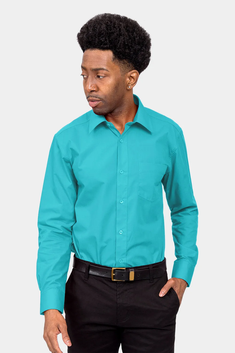 Men's Basic Solid Color Button Up Dress Shirt (Turquoise)