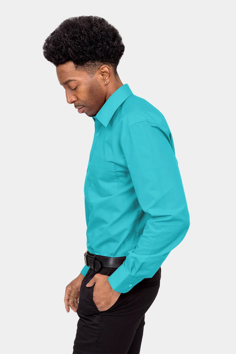 Men's Basic Solid Color Button Up Dress Shirt (Turquoise)