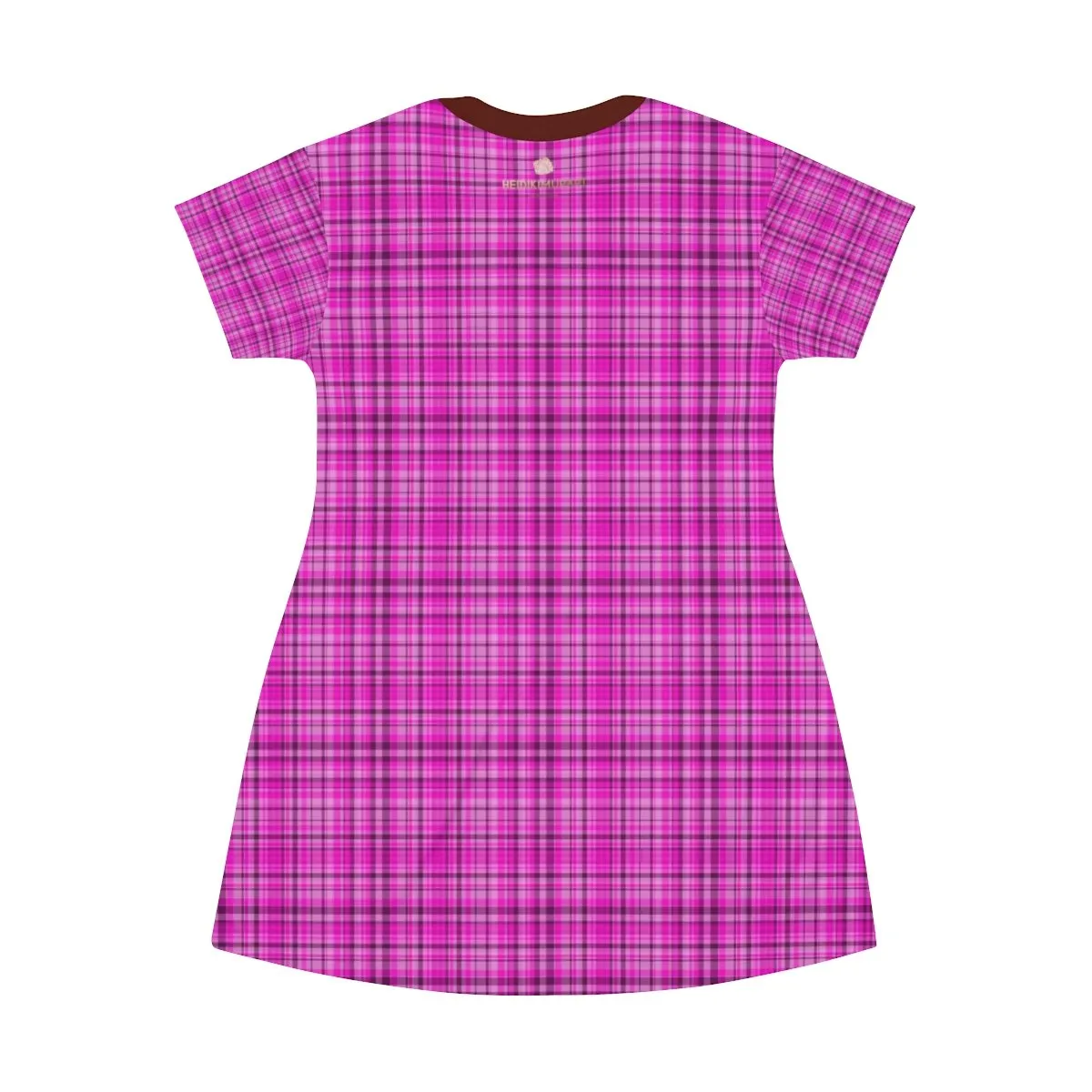 Pink Plaid Women's T-shirt Dress, Tartan Plaid Print Designer Crew Neck Long T-shirt Dress-Made in USA