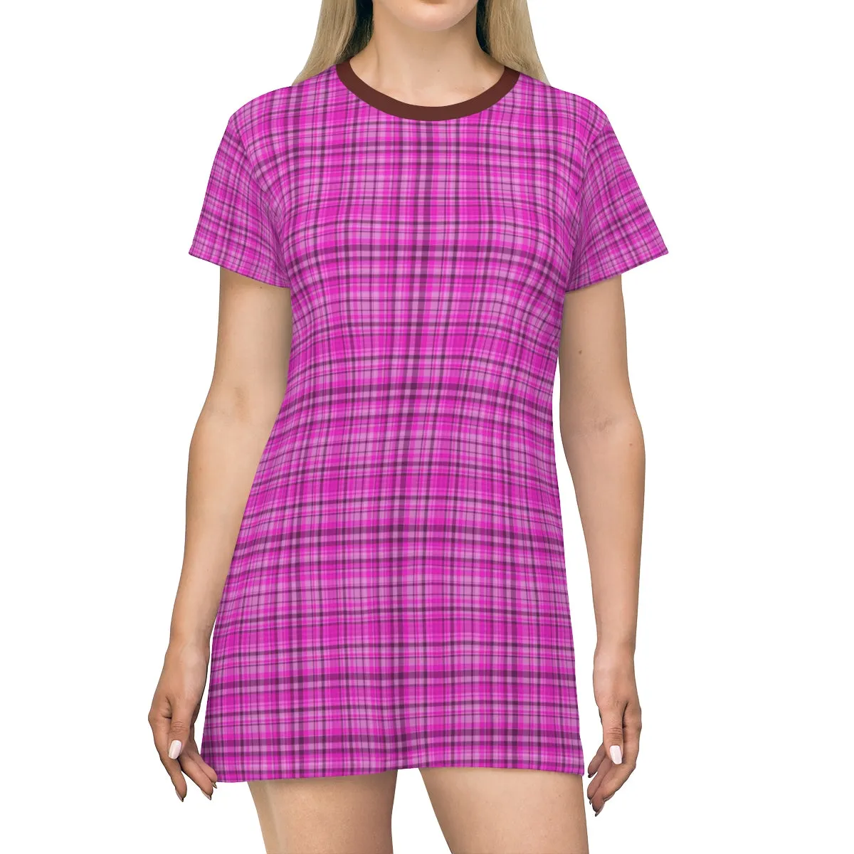 Pink Plaid Women's T-shirt Dress, Tartan Plaid Print Designer Crew Neck Long T-shirt Dress-Made in USA