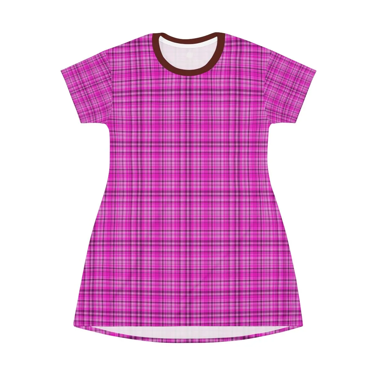 Pink Plaid Women's T-shirt Dress, Tartan Plaid Print Designer Crew Neck Long T-shirt Dress-Made in USA