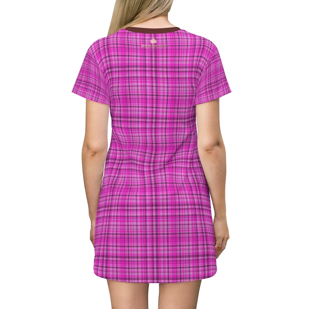 Pink Plaid Women's T-shirt Dress, Tartan Plaid Print Designer Crew Neck Long T-shirt Dress-Made in USA