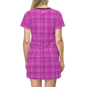 Pink Plaid Women's T-shirt Dress, Tartan Plaid Print Designer Crew Neck Long T-shirt Dress-Made in USA