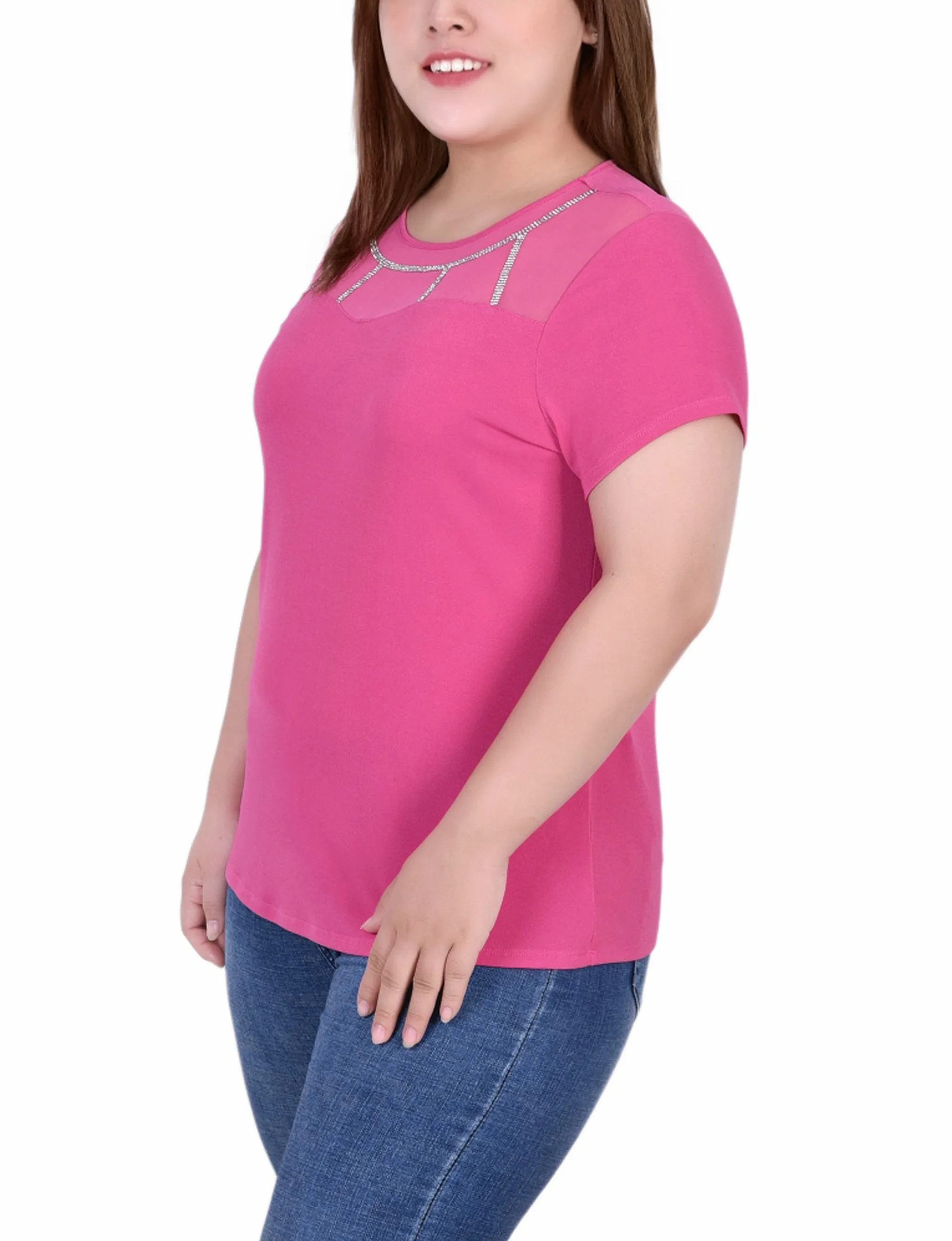 Plus Size Short Sleeve Crepe Top With Stone Details