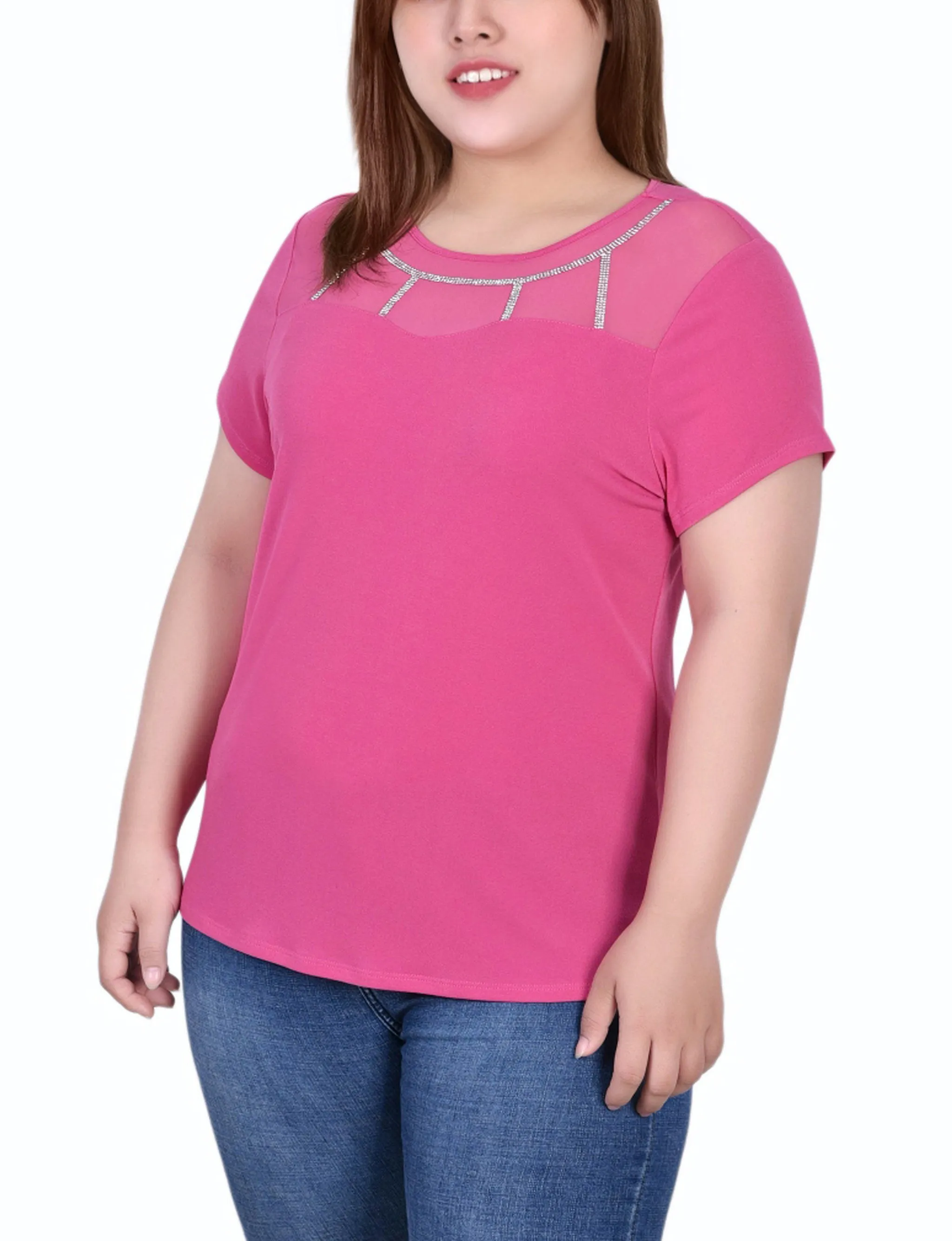 Plus Size Short Sleeve Crepe Top With Stone Details