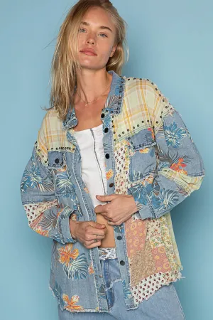 POL Patchwork Print Shacket in Denim Multi